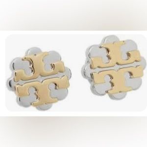 Tory Burch gold and Silver Logo Stud Earrings